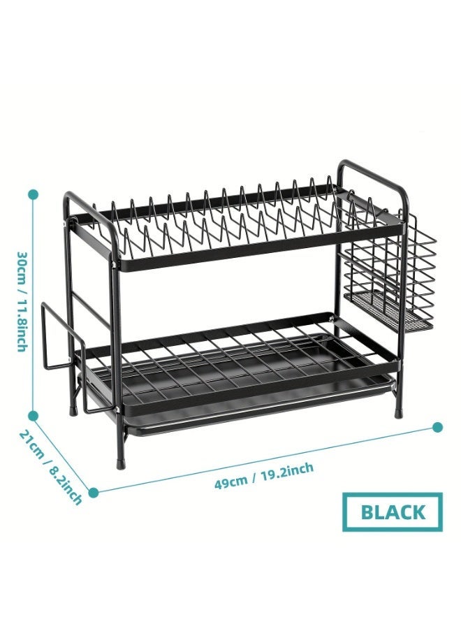 2-Tier Black Dish Drying Rack, Large Capacity Rust-Proof Kitchen Organizer with Cutting Board Holder & Drainboard Set - Image 2